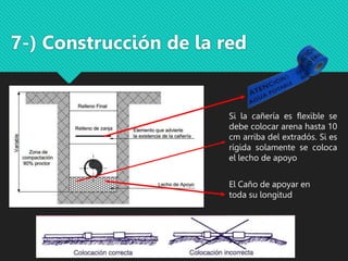 7-) Construcción de la red
Si la cañería es flexible se
debe colocar arena hasta 10
cm arriba del extradós. Si es
rígida solamente se coloca
el lecho de apoyo
El Caño de apoyar en
toda su longitud
 