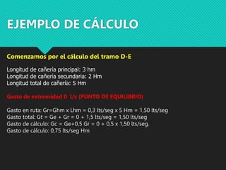 EJEMPLO DE CÁLCULO
Comenzamos por el cálculo del tramo D-E
Longitud de cañería principal: 3 hm
Longitud de cañería secundaria: 2 Hm
Longitud total de cañería: 5 Hm
Gasto de extremidad 0 l/s (PUNTO DE EQUILIBRIO)
Gasto en ruta: Gr=Ghm x Lhm = 0,3 lts/seg x 5 Hm = 1,50 lts/seg
Gasto total: Gt = Ge + Gr = 0 + 1,5 lts/seg = 1,50 lts/seg
Gasto de cálculo: Gc = Ge+0,5 Gr = 0 + 0,5 x 1,50 lts/seg.
Gasto de cálculo: 0,75 lts/seg Hm
 