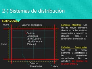 2-) Sistemas de distribución
Cañerías principales
Cañerías
Secundarias
Cañerías Maestras: Son
las de mayor diámetro,
abastecen a las cañerías
secundarias y también en
algunos casos a
conexiones domiciliarias
Cañerías Secundarias:
Son las de menor
diámetro y abastecen a
las conexiones
domiciliarias (No se
calculan), las mismas no
se unen entre si.
Nudo
tramo
Malla
Definiciones
Cañería
Subsidiaria
(diam. Cañeria
pcipal mayor a
250 mm)
 
