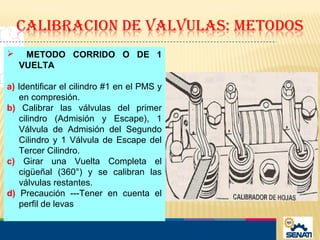  METODO CORRIDO O DE 1
VUELTA
a) Identificar el cilindro #1 en el PMS y
en compresión.
b) Calibrar las válvulas del primer
cilindro (Admisión y Escape), 1
Válvula de Admisión del Segundo
Cilindro y 1 Válvula de Escape del
Tercer Cilindro.
c) Girar una Vuelta Completa el
cigüeñal (360°) y se calibran las
válvulas restantes.
d) Precaución ---Tener en cuenta el
perfil de levas
 
