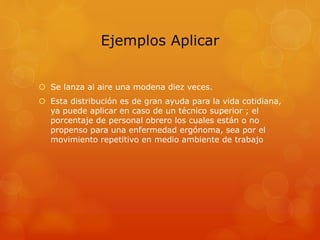 Ejemplos Aplicar 
 Se lanza al aire una modena diez veces. 
 Esta distribución es de gran ayuda para la vida cotidiana, 
ya puede aplicar en caso de un técnico superior ; el 
porcentaje de personal obrero los cuales están o no 
propenso para una enfermedad ergónoma, sea por el 
movimiento repetitivo en medio ambiente de trabajo 
 
