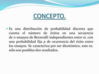 CONCEPTO.
 Es una distribución de probabilidad discreta que
cuenta el número de éxitos en una secuencia
de n ensayos de Bernoulli independientes entre sí, con
una probabilidad fija p de ocurrencia del éxito entre
los ensayos. Se caracteriza por ser dicotómico, esto es,
sólo son posibles dos resultados.
 