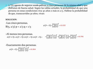  3. Un agente de seguros vende pólizas a cinco personas de la misma edad y que
disfrutan de buena salud. Según las tablas actuales, la probabilidad de que una
persona en estas condiciones viva 30 años o más es 2/3. Hállese la probabilidad
de que, transcurridos 30 años, vivan:
SOLUCION:
-Las cinco personas.
B(5, 2/3) p = 2/3 q = 1/3
-Al menos tres personas.
-Exactamente dos personas.
 