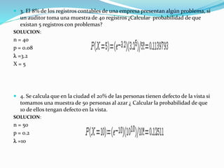  3. El 8% de los registros contables de una empresa presentan algún problema, si
un auditor toma una muestra de 40 registros ¿Calcular probabilidad de que
existan 5 registros con problemas?
SOLUCION:
n = 40
p = 0.08
l =3.2
X = 5
 4. Se calcula que en la ciudad el 20% de las personas tienen defecto de la vista si
tomamos una muestra de 50 personas al azar ¿ Calcular la probabilidad de que
10 de ellos tengan defecto en la vista.
SOLUCION:
n = 50
p = 0.2
l =10
 