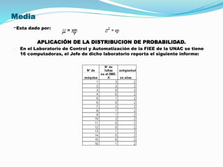 Media 
-Esta dado por: 
APLICACIÓN DE LA DISTRIBUCION DE PROBABILIDAD. 
En el Laboratorio de Control y Automatización de la FIEE de la UNAC se tiene 
16 computadoras, el Jefe de dicho laboratorio reporta el siguiente informe: 
 