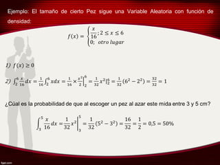 Ejemplo: El tamaño de cierto Pez sigue una Variable Aleatoria con función de
densidad: