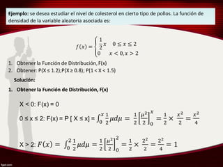 Ejemplo: se desea estudiar el nivel de colesterol en cierto tipo de pollos. La función de
densidad de la variable aleatoria asociada es: