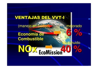 VENTAJAS DEL VVT-I
 (manejo en ciudad)     mejorado

 Economía de            6%
 Combustible
                      disminuido

 NOx                  40 %
 