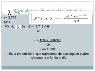 
         Reemplazar valores en las formulas
          =6
 e= 2.718
 X= 4
 P(x=4,     = 6) =(6)^4(2.718)^-6
                         4!

                        =(1296)(0,00248)
                               24
                            =o,13192
     Es la probabilidad que representa de que lleguen cuatro
                     cheques sin fondo al día
 