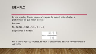 EJEMPLO
En una urna hay 7 bolas blancas y 5 negras. Se sacan 4 bolas ¿Cuál es la
probabilidad de que 3 sean blancas?
Entonces:
N = 12; N1 = 7; N2 = 5; k = 3; n = 4
Si aplicamos el modelo:
Por lo tanto, P (x = 3) = 0,3535. Es decir, la probabilidad de sacar 3 bolas blancas es
del 35,3%.
 