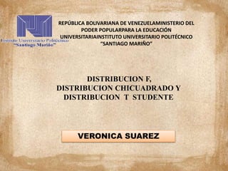 REPÚBLICA BOLIVARIANA DE VENEZUELAMINISTERIO DEL
PODER POPULARPARA LA EDUCACIÓN
UNIVERSITARIAINSTITUTO UNIVERSITARIO POLITÉCNICO
“SANTIAGO MARIÑO”
DISTRIBUCION F,
DISTRIBUCION CHICUADRADO Y
DISTRIBUCION T STUDENTE
VERONICA SUAREZ
 