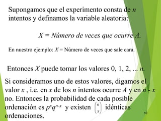 10
Supongamos que el experimento consta de n
intentos y definamos la variable aleatoria:
X = Número de veces que ocurre A.
En nuestro ejemplo: X = Número de veces que sale cara.
Entonces X puede tomar los valores 0, 1, 2, ... n.
Si consideramos uno de estos valores, digamos el
valor x , i.e. en x de los n intentos ocurre A y en n - x
no. Entonces la probabilidad de cada posible
ordenación es pxqn-x y existen idénticas
ordenaciones.
 