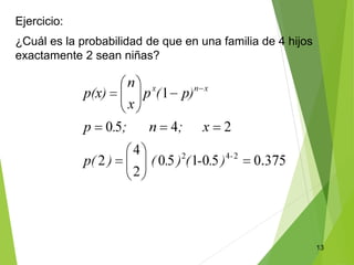 13
Ejercicio:
¿Cuál es la probabilidad de que en una familia de 4 hijos
exactamente 2 sean niñas?
 