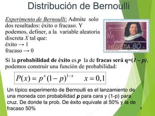 5
Distribución de Bernoulli
Experimento de Bernoulli: Admite solo
dos resultados: éxito o fracaso. Y
podemos, definer, a la variable aleatoria
discreta X tal que:
éxito → 1
fracaso → 0
Si la probabilidad de éxito es p la de fracas será q=(1 – p),
podemos construir una función de probabilidad:
Un típico experimento de Bernoulli es el lanzamiento de
una moneda con probabilidad p para cara y (1-p) para
cruz. De donde la prob. De èxito equivale al 50% y la de
fracaso 50%
 