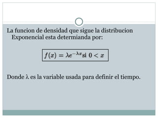La funcion de densidad que sigue la distribucion Exponencial esta determianda por: Donde    es la variable usada para definir el tiempo. 