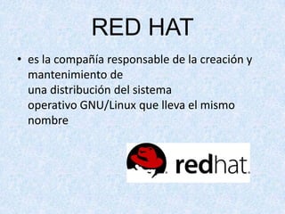 RED HAT
• es la compañía responsable de la creación y
mantenimiento de
una distribución del sistema
operativo GNU/Linux que lleva el mismo
nombre

 