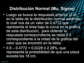 Distribución Normal (Mu, Sigma)
• Luego se busca la respuesta anterior (2.0)
  en la tabla de la distribución normal estándar
  lo cual nos da un valor de 0.4772 que
  representa el área bajo la curva en la gráfica
  de esta distribución, para obtener la
  respuesta correspondiente se resta 0.5
  correspondiente a la mitad de la gráfica del
  valor que se encontró en la tabla:
• 0.5 – 0.4772 = 0.0228 ó 2.28%, que
  representa la probabilidad de que una pieza
  exceda los 18 cm.
 