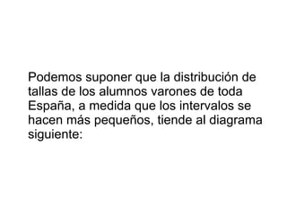 Podemos suponer que la distribución de tallas de los alumnos varones de toda España, a medida que los intervalos se hacen más pequeños, tiende al diagrama siguiente: 