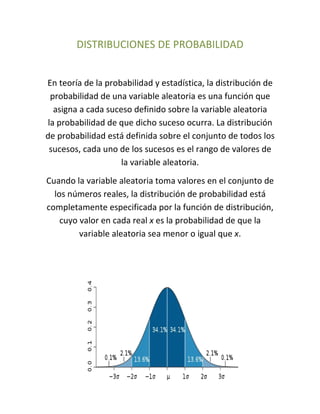 DISTRIBUCIONES DE PROBABILIDAD


En teoría de la probabilidad y estadística, la distribución de
 probabilidad de una variable aleatoria es una función que
  asigna a cada suceso definido sobre la variable aleatoria
la probabilidad de que dicho suceso ocurra. La distribución
de probabilidad está definida sobre el conjunto de todos los
 sucesos, cada uno de los sucesos es el rango de valores de
                    la variable aleatoria.
Cuando la variable aleatoria toma valores en el conjunto de
  los números reales, la distribución de probabilidad está
completamente especificada por la función de distribución,
    cuyo valor en cada real x es la probabilidad de que la
         variable aleatoria sea menor o igual que x.
 