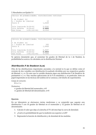2. Resultados con Epidat 3.1
Cálculo de probabilidades. Distribuciones continuas

t de Student (n)
n : Grados de libertad                      10
Punto X                                 1,6449

Cola Izquierda Pr[X<=k]                 0,9345
Cola Derecha   Pr[X>=k]                 0,0655
Dos Colas      1-Pr[|X|<=k]             0,1310




Cálculo de probabilidades. Distribuciones continuas

t de Student (n)
n : Grados de libertad                     500
Punto X                                 1,6449

Cola Izquierda Pr[X<=k]                 0,9497
Cola Derecha   Pr[X>=k]                 0,0503
Dos Colas      1-Pr[|X|<=k]             0,1006

Se aprecia claramente que, al aumentar los grados de libertad de la t de Student, la
probabilidad se acerca a la calculada con la distribución Normal.


Distribución F de Snedecor (n,m)
Otra de las distribuciones importantes asociadas a la normal es la que se define como el
cociente de dos variables con distribución Ji-cuadrado divididas por sus respectivos grados
de libertad, n y m. En este caso la variable aleatoria sigue una distribución F de Snedecor de
parámetros n y m. Hay muchas aplicaciones de la F en estadística y, en particular, tiene un
papel importante en las técnicas del análisis de la varianza y del diseño de experimentos.
Campo de variación:
   0≤x<∞
Parámetros:
   n: grados de libertad del numerador, n>0
   m: grados de libertad del denominador, m>0



Ejercicio
En un laboratorio se efectuaron ciertas mediciones y se comprobó que seguían una
distribución F con 10 grados de libertad en el numerador y 12 grados de libertad en el
denominador.
   1. Calcule el valor que deja a la derecha el 5% del área bajo la curva de densidad.
   2. ¿Cuál es la probabilidad de que la medición sea superior a 4,30?
   3. Represente la función de distribución y de densidad de las medidas.




                                                                                           24
 