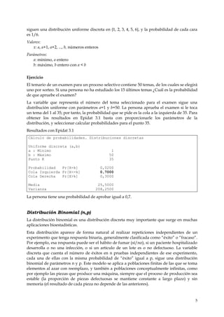 siguen una distribución uniforme discreta en {1, 2, 3, 4, 5, 6}, y la probabilidad de cada cara
es 1/6.
Valores:
   x: a, a+1, a+2, ..., b, números enteros
Parámetros:
   a: mínimo, a entero
   b: máximo, b entero con a < b


Ejercicio
El temario de un examen para un proceso selectivo contiene 50 temas, de los cuales se elegirá
uno por sorteo. Si una persona no ha estudiado los 15 últimos temas ¿Cuál es la probabilidad
de que apruebe el examen?
La variable que representa el número del tema seleccionado para el examen sigue una
distribución uniforme con parámetros a=1 y b=50. La persona aprueba el examen si le toca
un tema del 1 al 35; por tanto, la probabilidad que se pide es la cola a la izquierda de 35. Para
obtener los resultados en Epidat 3.1 basta con proporcionarle los parámetros de la
distribución, y seleccionar calcular probabilidades para el punto 35.
Resultados con Epidat 3.1
Cálculo de probabilidades. Distribuciones discretas

Uniforme discreta (a,b)
a : Mínimo                                        1
b : Máximo                                       50
Punto K                                          35

Probabilidad   Pr[X=k]                       0,0200
Cola Izquierda Pr[X<=k]                      0,7000
Cola Derecha   Pr[X>k]                       0,3000

Media                                    25,5000
Varianza                                208,2500

La persona tiene una probabilidad de aprobar igual a 0,7.


Distribución Binomial (n,p)
La distribución binomial es una distribución discreta muy importante que surge en muchas
aplicaciones bioestadísticas.
Esta distribución aparece de forma natural al realizar repeticiones independientes de un
experimento que tenga respuesta binaria, generalmente clasificada como “éxito” o “fracaso”.
Por ejemplo, esa respuesta puede ser el hábito de fumar (sí/no), si un paciente hospitalizado
desarrolla o no una infección, o si un artículo de un lote es o no defectuoso. La variable
discreta que cuenta el número de éxitos en n pruebas independientes de ese experimento,
cada una de ellas con la misma probabilidad de “éxito” igual a p, sigue una distribución
binomial de parámetros n y p. Este modelo se aplica a poblaciones finitas de las que se toma
elementos al azar con reemplazo, y también a poblaciones conceptualmente infinitas, como
por ejemplo las piezas que produce una máquina, siempre que el proceso de producción sea
estable (la proporción de piezas defectuosas se mantiene constante a largo plazo) y sin
memoria (el resultado de cada pieza no depende de las anteriores).


                                                                                               5
 
