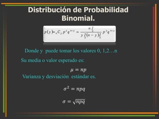 Distribución de Probabilidad 
Binomial. 
Donde y puede tomar los valores 0, 1,2…n 
Su media o valor esperado es: 
휇 = 푛푝 
Varianza y desviación estándar es. 
휎2 = 푛푝푞 
휎 = 푛푝푞 
 