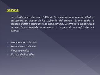 EJERCICIO:
Un estudio determinó que el 40% de los alumnos de una universidad se
desayunan en alguna de las cafeterías del campus. Si una tarde se
escogen al azar 8 estudiantes de dicho campus. Determine la probabilidad
de que hayan tomado su desayuno en alguna de las cafeterías del
campus:
a) Exactamente 2 de ellos
b) Por lo menos 2 de ellos
c) Ninguno de ellos
d) No más de 3 de ellos
 