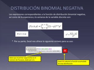 Note que el primer argumento es el
número de fracasos, dado por x-k.
Excel NO calcula la función acumulada
de esta distribución.
Las expresiones correspondientes a la función de distribución binomial negativa,
así como de la esperanza y la varianza de la variable discreta son:
* Por su parte, Excel nos ofrece la siguiente sintaxis para su uso:
 