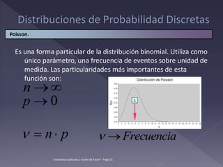 Es una forma particular de la distribución binomial. Utiliza como
único parámetro, una frecuencia de eventos sobre unidad de
medida. Las particularidades más importantes de esta
función son:


n
0

p
p
n

 Frecuencia


Poisson.
Estadística aplicada a través de Excel  Page 21
 