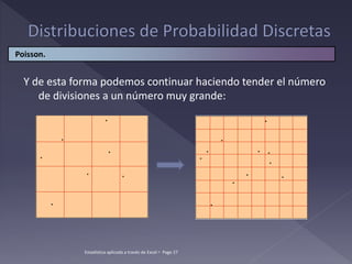 Y de esta forma podemos continuar haciendo tender el número
de divisiones a un número muy grande:
Poisson.
Estadística aplicada a través de Excel  Page 27
 