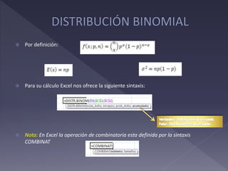  Por definición:
 Para su cálculo Excel nos ofrece la siguiente sintaxis:
 Nota: En Excel la operación de combinatoria esta definida por la sintaxis
COMBINAT
 