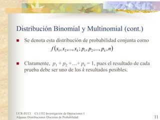 UCR-ECCI CI-1352 Investigación de Operaciones I 
Algunas Distribuciones Discretas de Probabilidad 11 
Distribución Binomial y Multinomial (cont.) 
 
Se denota esta distribución de probabilidad conjunta como 
 
Claramente, p1 + p2 +…+ pk = 1, pues el resultado de cada prueba debe ser uno de los k resultados posibles. 
()npppxxxfkk,,...,,;,...,,2121  