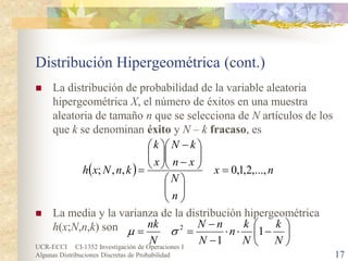 UCR-ECCI CI-1352 Investigación de Operaciones I 
Algunas Distribuciones Discretas de Probabilidad 17 
Distribución Hipergeométrica (cont.) 
 
La distribución de probabilidad de la variable aleatoria hipergeométrica X, el número de éxitos en una muestra aleatoria de tamaño n que se selecciona de N artículos de los que k se denominan éxito y N – k fracaso, es 
 
La media y la varianza de la distribución hipergeométrica h(x;N,n,k) son 
()nxnNxnkNxkknNxh,...,2,1,0,,;=         − −     =    −⋅⋅ − − == NkNknNnNNnk112σμ  