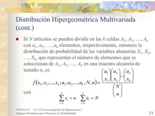 UCR-ECCI CI-1352 Investigación de Operaciones I 
Algunas Distribuciones Discretas de Probabilidad 21 
Distribución Hipergeométrica Multivariada (cont.) 
 
Si N artículos se pueden dividir en las k celdas A1, A2, …, Ak con a1, a2, …, ak elementos, respectivamente, entonces la distribución de probabilidad de las variables aleatorias X1, X2, …, Xk, que representan el número de elementos que se seleccionan de A1, A2, …, Ak en una muestra aleatoria de tamaño n, es 
con 
()                 = nNxaxaxanNaaaxxxfkkkk... ,,,...,,;,...,,22112121Nanxkiikii==ΣΣ==11  