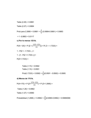 Tabla (2.26) = 0.9881
Tabla (2.27) = 0.9884
Prob para 2.2666 = 0.9881 + (
2
3
) (0.9884-0.9881) = 0.9883
= 1 -0.9883 = 0.0117
c) Por lo menos 125 lb.
P(X> 125) = P [Z > (
125−151
15
)] = P( Z > -1.7333) =
1 - P(Z < -1.7333...) =
1 - [1 - P(Z <1.7333..)] =
P(Z<1.7333) =
Tabla (1.73) = 0.9582
Tabla (1.74) = 0.9591
Prob(1.7333) = 0.9582 + (
1
3
)(0.9591 - 0.9582) = 0.9585
d) Menos de 170 lb.
P(X<170) = P [Z<
170−151
15
] = P (Z<1.2666) =
Tabla (1.26) = 0.8962
Tabla (1.27) = 0.8980
Probabilidad (1.2666.) = 0.8962 + (
2
3
)(0.8980-0.8962) = 0.59866068
 