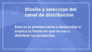 Diseño y seleccion del
canal de distribucion
Esta es la primera tarea a desarrollar e
implica la forma en que se van a
distribuir los productos.
 