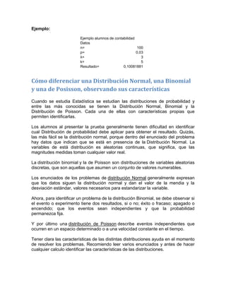 Ejemplo:
Ejemplo alumnos de contabilidad
Datos
n= 100
p= 0,03
λ= 3
k= 5
Resultado= 0,10081881
Cómo diferenciar una Distribución Normal, una Binomial
y una de Posisson, observando sus características
Cuando se estudia Estadística se estudian las distribuciones de probabilidad y
entre las más conocidas se tienen la Distribución Normal, Binomial y la
Distribución de Poisson. Cada una de ellas con características propias que
permiten identificarlas.
Los alumnos al presentar la prueba generalmente tienen dificultad en identificar
cual Distribución de probabilidad debe aplicar para obtener el resultado. Quizás,
las más fácil se la distribución normal, porque dentro del enunciado del problema
hay datos que indican que se está en presencia de la Distribución Normal. La
variables de está distribución es aleatorias continuas, que significa, que las
magnitudes medidas toman cualquier valor real.
La distribución binomial y la de Poisson son distribuciones de variables aleatorias
discretas, que son aquellas que asumen un conjunto de valores numerables.
Los enunciados de los problemas de distribución Normal generalmente expresan
que los datos siguen la distribución normal y dan el valor de la mendia y la
desviación estándar, valores necesarios para estandarizar la variable.
Ahora, para identificar un problema de la distribución Binomial, se debe observar si
el evento o experimento tiene dos resultados, si o no; éxito o fracaso; apagado o
encendido; que los eventos sean independientes y que la probabilidad
permanezca fija.
Y por último una distribución de Poisson describe eventos independientes que
ocurren en un espacio determinado o a una velocidad constante en el tiempo.
Tener clara las características de las distintas distribuciones ayuda en el momento
de resolver los problemas. Recomiendo leer varios enunciados y antes de hacer
cualquier calculo identificar las características de las distribuciones.
 