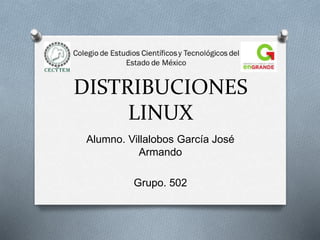 DISTRIBUCIONES
LINUX
Alumno. Villalobos García José
Armando
Grupo. 502
 