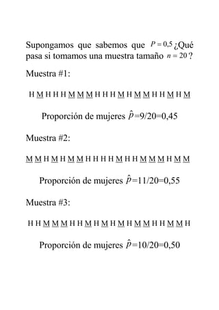 Supongamos que sabemos que 5,0=P ¿Qué
pasa si tomamos una muestra tamaño 20=n ?
Muestra #1:
H M H H H M M M H H H M H M M H H M H M
Proporción de mujeres $p=9/20=0,45
Muestra #2:
M M H M H M M H H H H M H H M M M H M M
Proporción de mujeres $p=11/20=0,55
Muestra #3:
H H M M M H H M H M H M H M M H H M M H
Proporción de mujeres $p=10/20=0,50
 