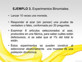 EJEMPLO 2. Experimentos Binomiales.
• Lanzar 10 veces una moneda.
• Responder al azar (sin pensar) una prueba de
verdadero o falso, constituida por 20 preguntas.
• Examinar 8 artículos seleccionados al azar,
producidos en una fábrica, para determinar los
defectuosos y los no defectuosos.
• Otros experimentos con n repeticiones en los
cuales se seleccionen aleatoriamente una muestra
de una población dicotómica.
 
