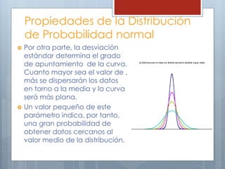 Propiedades de la Distribución
de Probabilidad normal
 Por otra parte, la desviación
estándar determina el grado
de apuntamiento de la curva.
Cuanto mayor sea el valor de ,
más se dispersarán los datos
en torno a la media y la curva
será más plana.
 Un valor pequeño de este
parámetro indica, por tanto,
una gran probabilidad de
obtener datos cercanos al
valor medio de la distribución.
 