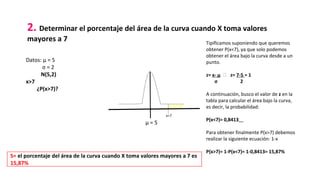 2. Determinar el porcentaje del área de la curva cuando X toma valores
mayores a 7
Datos: μ = 5
σ = 2
N(5,2)
x>7
¿P(x>7)?
Tipificamos suponiendo que queremos
obtener P(x<7), ya que solo podemos
obtener el área bajo la curva desde a un
punto.
z= x- μ  z= 7-5 = 1
σ 2
A continuación, busco el valor de z en la
tabla para calcular el área bajo la curva,
es decir, la probabilidad:
P(x<7)= 0,8413
Para obtener finalmente P(x>7) debemos
realizar la siguiente ecuación: 1-x
P(x>7)= 1-P(x<7)= 1-0,8413= 15,87%
S= el porcentaje del área de la curva cuando X toma valores mayores a 7 es
15,87%
μ = 5
x=7
 