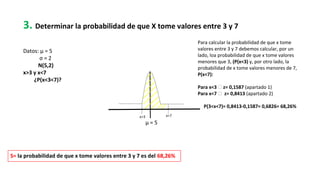 3. Determinar la probabilidad de que X tome valores entre 3 y 7
Datos: μ = 5
σ = 2
N(5,2)
x>3 y x<7
¿P(x<3<7)?
Para calcular la probabilidad de que x tome
valores entre 3 y 7 debemos calcular, por un
lado, loa probabilidad de que x tome valores
menores que 3, (P(x<3) y, por otro lado, la
probabilidad de x tome valores menores de 7,
P(x<7):
Para x<3  z= 0,1587 (apartado 1)
Para x<7  z= 0,8413 (apartado 2)
P(3<x<7)= 0,8413-0,1587= 0,6826= 68,26%
μ = 5
x=3 x=7
S= la probabilidad de que x tome valores entre 3 y 7 es del 68,26%
 