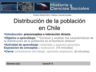 Distribución de la población en Chile ,[object Object],[object Object],[object Object],[object Object],Alumnos (as) :  Curso:6° A  Profesor Ricardo Ortiz C.,Historia y Ciencias Sociales 