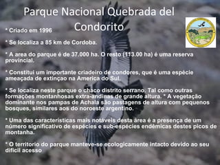 Parque Nacional Quebrada del Condorito * Criado em 1996 * Se localiza a 85 km de Cordoba. * A area do parque é de 37.000 ha. O resto (113.00 ha) é uma reserva provincial. * Constitui um importante criadeiro de condores, que é uma espécie ameaçada de extinçao na America do Sul. * Se localiza neste parque o chaco distrito serrano. Tal como outras formações montanhosas extra-andinas de grande altura. * A vegetação dominante nos pampas de Achala são pastagens de altura com pequenos bosques, similares aos do noroeste argentino. * Uma das características mais notáveis desta área é a presença de um número significativo de espécies e sub-espécies endêmicas destes picos de montanha. * O territorio do parque manteve-se ecologicamente intacto devido ao seu dificil acesso 