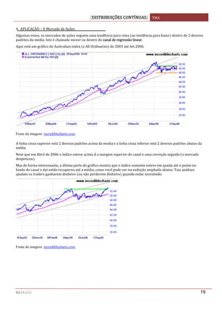 DISTRIBUIÇÕES CONTÍNUAS TMA 
 
Bertolo 19
4.  APLICAÇÃO – O Mercado de Ações 
Algumas vezes, os mercados de ações seguem uma tendência para cima  ou tendência para baixo  dentro de 2 desvios 
padrões da média. Isto é chamado mover‐se dentro do canal de regressão linear. 
Aqui está um gráfico do Australian index  o All Ordinaries  de 2003 até Set 2006. 
 
Fonte da imagem: incrediblecharts.com.
A linha cinza superior está 2 desvios padrões acima da media e a linha cinza inferior está 2 desvios padrões abaixo da 
média.  
Note que em Abril de 2006 o índice esteve acima d a margem superior do canal e uma correção seguida  o mercado 
despencou . 
Mas de forma interessante, a última parte do gráfico mostra que o índice somente esteve em queda até o ponto no 
fundo do canal e daí então recuperou até a média, como você pode ver na exibição ampliada abaixo. Tais análises 
ajudam os traders ganharem dinheiro  ou não perderem dinheiro  quando estão investindo. 
 
Fonte da imagem: incrediblecharts.com.
 
 
 
 
 
 