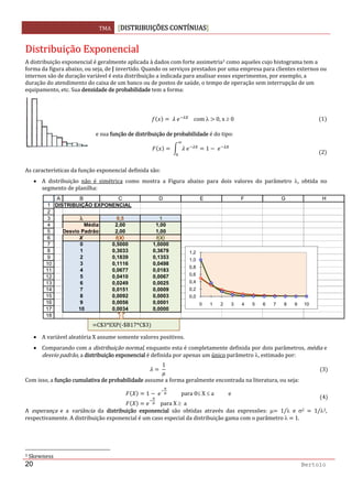 TMA  DISTRIBUIÇÕES CONTÍNUAS
 
20 Bertolo
DDiissttrriibbuuiiççããoo  EExxppoonneenncciiaall  
A distribuição exponencial é geralmente aplicada à dados com forte assimetria3 como aqueles cujo histograma tem a 
forma da figura abaixo, ou seja, de J invertido. Quando os serviços prestados por uma empresa para clientes externos ou 
internos são de duração variável é esta distribuição a indicada para analisar esses experimentos, por exemplo, a 
duração do atendimento do caixa de um banco ou de postos de saúde, o tempo de operação sem interrupção de um 
equipamento, etc. Sua densidade de probabilidade tem a forma:  
 
   com λ  0, x ≥ 0 1
e sua função de distribuição de probabilidade é do tipo: 
1
2
As características da função exponencial definida são: 
• A  distribuição  não  é  simétrica  como  mostra  a  Figura  abaixo  para  dois  valores  do  parâmetro  λ,  obtida  no 
segmento de planilha: 
 
 
• A variável aleatória X assume somente valores positivos. 
• Comparando com a distribuição normal, enquanto esta é completamente definida por dois parâmetros, média e 
desvio padrão, a distribuição exponencial é definida por apenas um único parâmetro λ, estimado por: 
1
3
Com isso, a função cumulativa de probabilidade assume a forma geralmente encontrada na literatura, ou seja: 
1           para 0≤ X ≤ a           e
   para X ≥  a
4
A  esperança  e  a  variância  da  distribuição  exponencial  são  obtidas  através  das  expressões:  μ   1/λ  e  σ2    1/λ2, 
respectivamente. A distribuição exponencial é um caso especial da distribuição gama com o parâmetro λ   1. 
 
 
                                                                  
3 Skewness 
1
2
3
4
5
6
7
8
9
10
11
12
13
14
15
16
17
18
A B C D E F G H
DISTRIBUIÇÃO EXPONENCIAL
λ 0,5 1
Média 2,00 1,00
Desvio Padrão 2,00 1,00
X f(X) f(X)
0 0,5000 1,0000
1 0,3033 0,3679
2 0,1839 0,1353
3 0,1116 0,0498
4 0,0677 0,0183
5 0,0410 0,0067
6 0,0249 0,0025
7 0,0151 0,0009
8 0,0092 0,0003
9 0,0056 0,0001
10 0,0034 0,0000
0,0
0,2
0,4
0,6
0,8
1,0
1,2
0 1 2 3 4 5 6 7 8 9 10
C$3*EXP ‐$B17*C$3
 