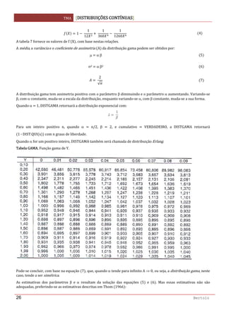 TMA  DISTRIBUIÇÕES CONTÍNUAS
 
26 Bertolo
1  
1
12
1
360
1
1260
4
A tabela 7 fornece os valores de Γ X , com base nestas relações. 
A média, a variância e o coeficiente de assimetria  A  da distribuição gama podem ser obtidos por: 
μ   α β 5
 
σ2   α β2 6
 
2
√
7
 
A distribuição gama tem assimetria positiva com o parâmetro β diminuindo e o parâmetro α aumentando. Variando‐se 
β, com α constante, muda‐se a escala da distribuição, enquanto variando‐se α, com β constante, muda‐se a sua forma. 
Quando α   1, DISTGAMA retornará a distribuição exponencial com:  
 
1
 
Para  um  inteiro  positivo  n,  quando  α    n/2,  β    2,  e  cumulativo    VERDADEIRO,  a  DISTGAMA  retornará  
1 ‐ DIST.QUI x  com n graus de liberdade.  
Quando α for um positivo inteiro, DISTGAMA também será chamada de distribuição Erlang.  
Tabela GAMA. Função gama de Y. 
Pode‐se concluir, com base na equação  7 , que, quando α tende para infinito A ⇒ 0, ou seja, a distribuição gama, neste 
caso, tende a ser simétrica. 
As  estimativas  dos  parâmetros  β  e  α  resultam  da  solução  das  equações  5   e  6 .  Mas  essas  estimativas  não  são 
adequadas, preferindo‐se as estimativas descritas em Thom  1966 : 
 