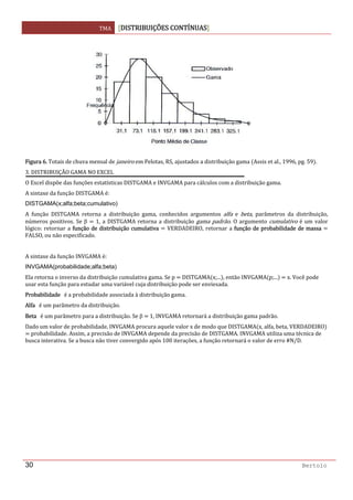 TMA  DISTRIBUIÇÕES CONTÍNUAS
 
30 Bertolo
 
 
 
 
 
 
 
 
 
 
 
Figura 6. Totais de chuva mensal de janeiro em Pelotas, RS, ajustados a distribuição gama  Assis et al., 1996, pg. 59 . 
3. DISTRIBUIÇÃO GAMA NO EXCEL 
O Excel dispõe das funções estatísticas DISTGAMA e INVGAMA para cálculos com a distribuição gama.  
A sintaxe da função DISTGAMA é: 
DISTGAMA(x;alfa;beta;cumulativo)
A  função  DISTGAMA  retorna  a  distribuição  gama,  conhecidos  argumentos  alfa  e  beta,  parâmetros  da  distribuição, 
números positivos. Se β   1, a DISTGAMA retorna a distribuição gama padrão. O argumento cumulativo é um valor 
lógico: retornar a função de distribuição cumulativa   VERDADEIRO, retornar a função de probabilidade de massa   
FALSO, ou não especificado. 
 
A sintaxe da função INVGAMA é: 
INVGAMA(probabilidade;alfa;beta)
Ela retorna o inverso da distribuição cumulativa gama. Se p   DISTGAMA x;... , então INVGAMA p;...    x. Você pode 
usar esta função para estudar uma variável cuja distribuição pode ser enviesada. 
Probabilidade   é a probabilidade associada à distribuição gama. 
Alfa   é um parâmetro da distribuição. 
Beta   é um parâmetro para a distribuição. Se β   1, INVGAMA retornará a distribuição gama padrão. 
Dado um valor de probabilidade, INVGAMA procura aquele valor x de modo que DISTGAMA x, alfa, beta, VERDADEIRO  
 probabilidade. Assim, a precisão de INVGAMA depende da precisão de DISTGAMA. INVGAMA utiliza uma técnica de 
busca interativa. Se a busca não tiver convergido após 100 iterações, a função retornará o valor de erro #N/D. 
  
  
  
  
  
  
  
  
  
 