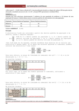 TMA  DISTRIBUIÇÕES CONTÍNUAS
 
40 Bertolo
crítico como Fc    14,40. Como o cálculo de Fc é um procedimento iterativo, se depois de realizar 100 iterações não for 
alcançado o resultado com um erro de ± 3 x 10‐7, a função INVF apresentará o resultado #N/A. 
EXEMPLO 1 
Suponha  que  você  selecionou  aleatoriamente  7  mulheres  de  uma  população  de  mulheres,  e  12  homens  de  uma 
população de homens. A tabela abaixo mostra os desvios padrões de cada amostra e de cada população. 
População  Desvio Padrão da População  Desvio Padrão da Amostra
Mulheres  30  35
Homens  50  45
Calcule a estatística F.     ν1  e ν2 
Solução  
A estatística F pode ser calculada a partir dos desvios padrões da população e da
amostra, usando a seguinte equação:
                            
 Como você pode ver da equação, existem realmente duas maneiras de se calcular uma
estatística F desses dados. Se os dados das mulheres aparecem no numerador, podemos
calcular uma estatística F como segue:
 
35
30
45
50
 
1.225
900
2025
2500
 
1.361
0,81
1,68
Para este cálculo, os graus de liberdade do numerador são ν1   7 – 1 = 6; e os do
denominador ν2 = 12 -1 = 11.
Na planilha teremos:
Por outro lado, se os dados dos homens aparecem no numerador, calculamos a
estatística F como segue:
 
45
50
35
30
 
2.025
2.500
1.225
900
 
0,81
1,361
0,595
Para este cálculo, os graus de liberdade do numerador são ν1   12 – 1 = 11; e os do
denominador ν2 = 7 -1 = 6.
Na planilha teremos:
EXEMPLO 2 
Encontre a probabilidade cumulativa associada com cada uma das estatísticas F do Exemplo 1, acima. 
1
2
3
4
5
G H I J K
DesvPad Pop 1 30
DesvPad Pop2 50
DesvPad Amostra 1 35
DesvPad Amostra 2 45
Estatística F 1,680384 <--=((H3^2/H1^2)/(H4^2/H2^2))
1
2
3
4
5
G H I J K
DesvPad Pop 1 50
DesvPad Pop2 30
DesvPad Amostra 1 45
DesvPad Amostra 2 35
Estatística F 0,595102 <--=((H3^2/H1^2)/(H4^2/H2^2))
Onde σ1 é o desvio padrão da população 1, s1 é o desvio padrão da
amostra retirada da população 1, σ2 é o desvio padrão da população
2, s2 é o desvio padrão da amostra retirada da população 2, 
 